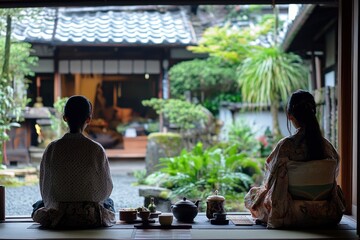 Wall Mural - woman having matcha tea ceremony . ai generated