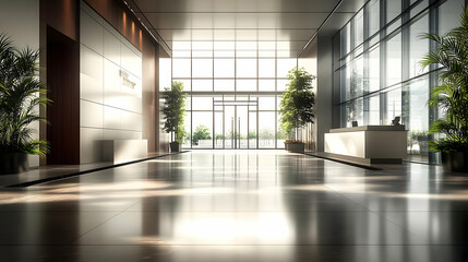 Wall Mural - Modern office lobby with large windows and greenery.