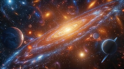 Aufkleber - Multiple stellar systems in the Milky Way, each with its own stars and planets. Some stars are red, others blue, with planets of different sizes orbiting them. galaxies full of celestial objects.