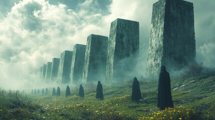 Poster - A group of people are walking through a field of tall grass