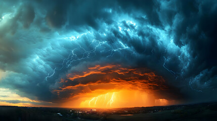 Canvas Print - Dramatic storm clouds with lightning and an orange glow at sunset.