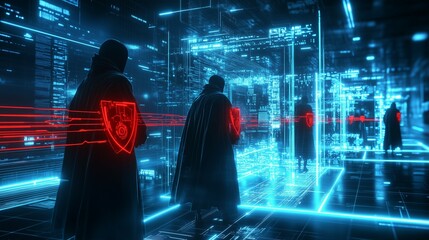 A tense, digital battlefield where hackers in dark cloaks wield red data streams, while cybersecurity defenders with glowing blue shields counter their attacks in a futuristic cyber war