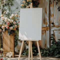 A blank white welcome sign mockup, size is 24 by 36 inches in portrait orientation, on an easel during a wedding party.