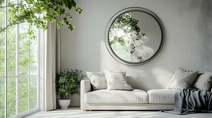 Poster - Cozy living room with a round mirror and natural light.