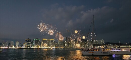 Wall Mural - Busan's night view and fireworks from a yacht