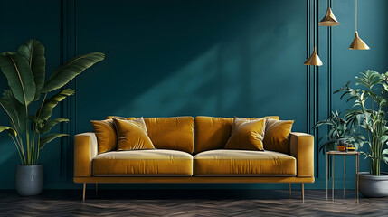 Poster - Cozy living room with a stylish mustard sofa and green plants.