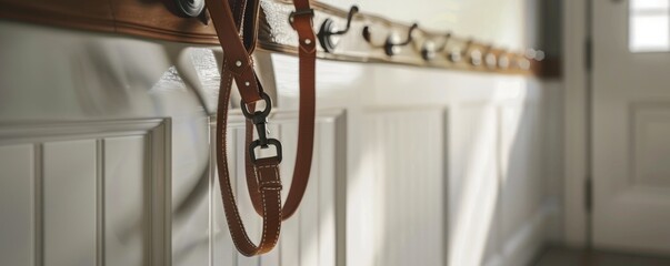 Dog leash on the coat rack, 4K hyperrealistic photo