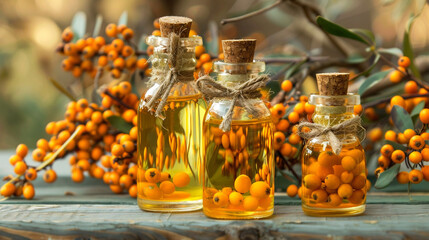 Illustration of glass bottles filled with golden yellow sea buckthorn oil, each with cork stoppers and tied with twine, background with a branch with bright orange sea buckthorn berries.