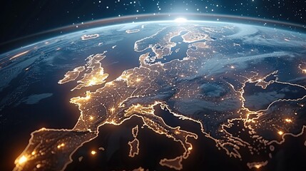 Fototapete - A night-time view of the Earth from space, with major cities glowing brightly. Thin digital lines link these cities, symbolizing the global digital network that never sleeps.