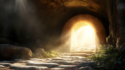 Wall Mural - A glowing tunnel with light streaming through an archway.