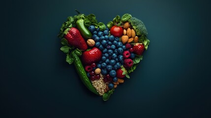 A heart-shaped arrangement of fresh fruits, vegetables, and nuts on a dark background showcasing vibrant colors and healthy textures