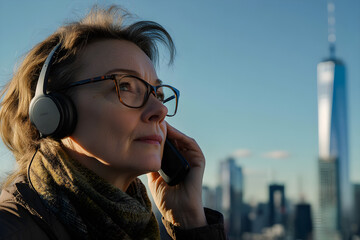 A woman in glasses listens to music through headphones while talking on her phone against a city skyline, capturing a moment of urban solitude and connection