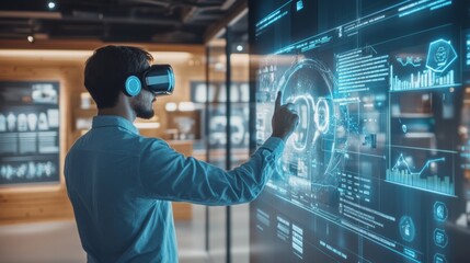 Casual person with digital screens displaying coding data. Programming concept