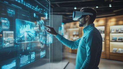 Casual person with digital screens displaying coding data. Programming concept