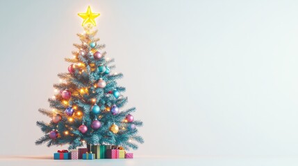 christmas tree with colourful  toys and lights with big star isolated from white background