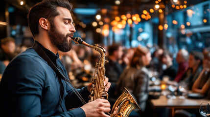 Canvas Print - A man with a dark beard playing a saxophone in a lively, modern restaurant with blurred patrons in the background.