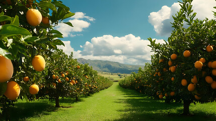 Poster - Lush orange grove under a bright sky with mountains in the distance.