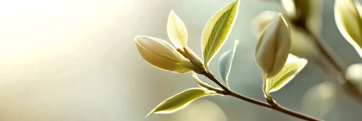 Sticker - Delicate green leaves emerge from a slender branch. The soft focus highlights the beauty of nature. A serene and fresh atmosphere fills the scene. Perfect for nature enthusiasts. AI