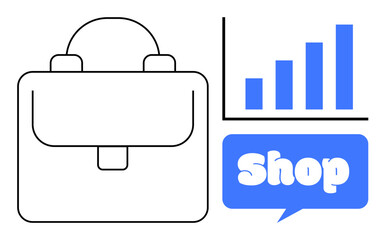 Briefcase with handle growth chart with blue bars and blue speech bubble with text Shop with white background. Ideal for business commerce online shop marketing and graphical representation themes