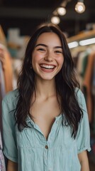 Radiant young woman with long dark hair beams with genuine joy, her infectious smile lighting up the clothing store. Soft lighting and blurred background create a warm, inviting atmosphere.