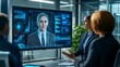 © Werckmeister - Businessman in a professional room talking to a digital avatar displayed on a portrait-mode flat screen