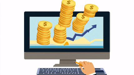 Digital illustration of computer screen displaying rising coins and growth chart, symbolizing financial success and investment opportunities. hand holding pen suggests active engagement in financial