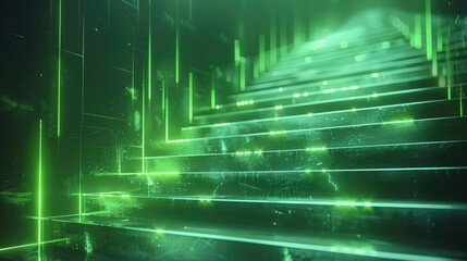 Fototapete - Strategy system multiples lines, glowing green line creating a growing sales force graphic stair.