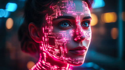 A futuristic digital face depicts glowing circuit patterns representing advanced technology and artificial intelligence scenes.