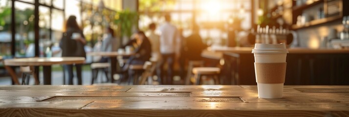 Sunlit coffee shop ambiance: wooden table in foreground with takeaway cup, blurred patrons and warm interior lighting create inviting atmosphere.