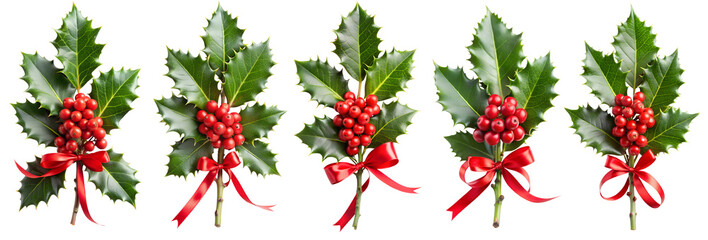 Wall Mural - Holly Green Branch with Red Berries and Ribbon Isolated on White Transparent Background, PNG Element