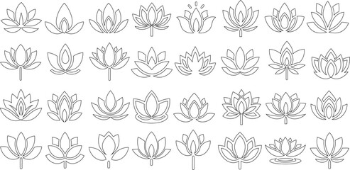 Wall Mural - lotus flower line illustration set showcasing minimalist lotus icons in various shapes and designs. 