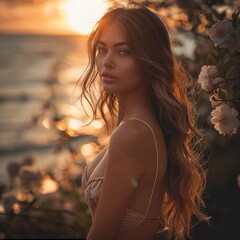 Sticker - A attractive girl posing exquisitely against a romantic sunset. She is dressed in a tight dress emphasizing her figure with a slight touch of mystery and confidence.