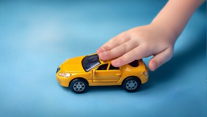 Child playing with a car craft, close-up. Child's hand holding a bright toy car.