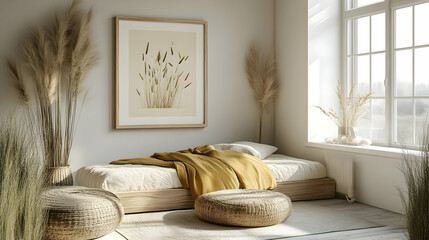 Canvas Print - Cozy, minimalist bedroom with natural decor and warm tones.