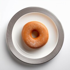 Donut on white plate on white background top view