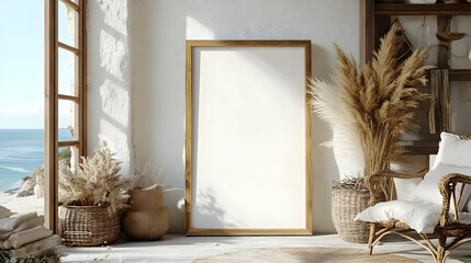 Poster - Cozy interior with a blank frame and natural decor elements.