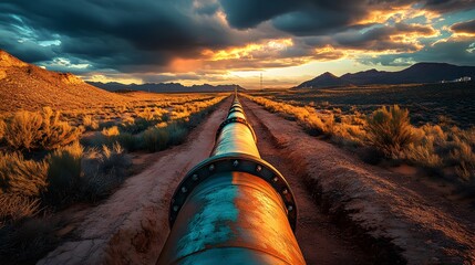 An oil pipeline in an industrial desert landscape with metal pipes and energy infrastructure under a cloudy sky, featuring dramatic wide-angle lighting.