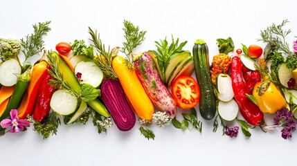 A vibrant display of pickled vegetables served with fresh herbs, isolated on a clean white background with subtle floral accents