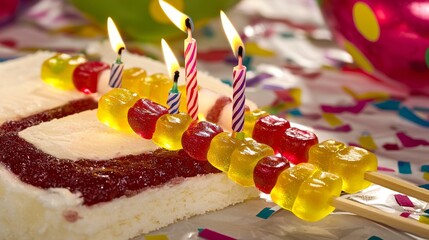 Colorful Birthday Cake with Lit Candles and Gummy Bear Decorations