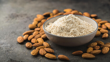 Wall Mural - Bowl of almond flour and raw almond nuts. Baking and culinary concept.