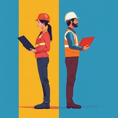 Two construction workers, one female and one male, stand side by side with tablets in hand, symbolizing teamwork.