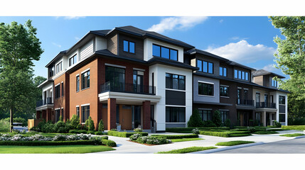 Poster - Modern townhouses with landscaped surroundings under a clear sky.