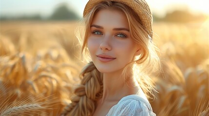 Wall Mural - A young woman standing in a field of wheat, with a basket of freshly harvested grain.