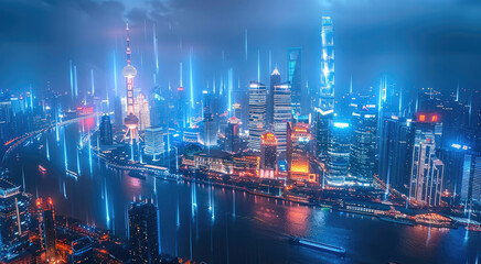 A futuristic city of Shanghai, featuring holographic projection display technology and digital blue lights on the river in China. Aerial high view.