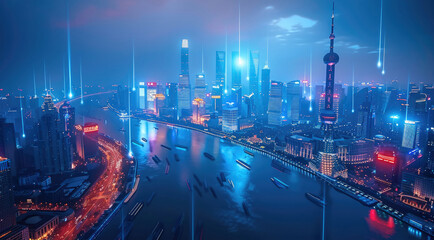 Wall Mural - A futuristic city of Shanghai, featuring holographic projection display technology and digital blue lights on the river in China. Aerial high view.