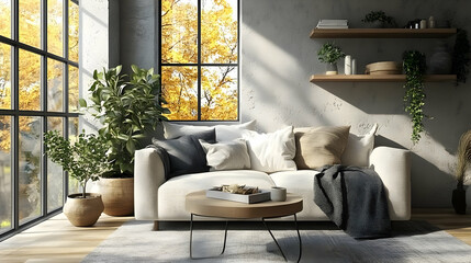 Poster - Cozy living room with natural light and autumn scenery.