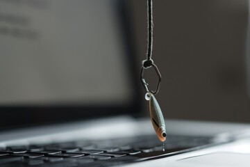 A visual metaphor for a phishing attack ,A fishing lure suspended from a laptop, symbolizing the intersection of technology and outdoor hobbies.