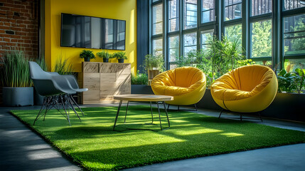 Canvas Print - Cozy lounge area with vibrant colors and greenery for relaxation.