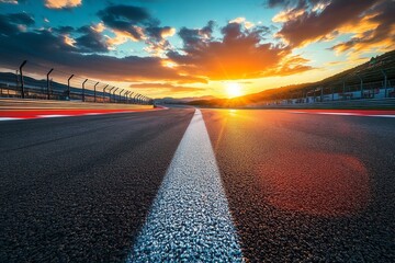 Wall Mural - A winding racetrack under a vibrant sunset sky in a serene rural setting