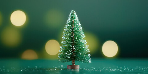 A small Christmas tree is sitting on a green table